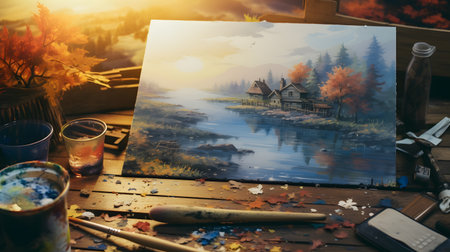 painting of a beautiful landscape on canvas with a brush and paintsの素材