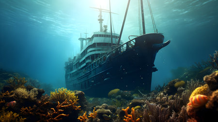 Underwater view of shipwreck and coral reef. 3d renderの素材