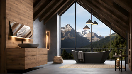Interior of modern bathroom with wooden walls, concrete floor, comfortable bathtub and double sink standing near window with mountain view. 3d renderingの素材
