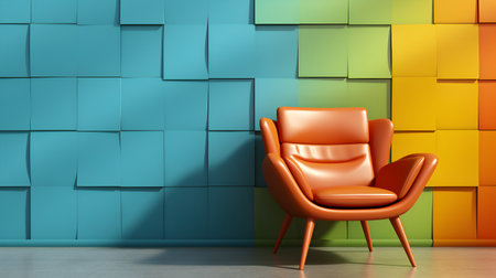 Orange armchair in front of colorful cubes wall. 3D renderingの素材