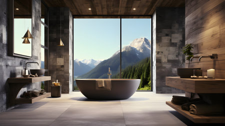 Interior of modern bathroom with wooden and concrete walls, concrete floor, comfortable bathtub and panoramic window with mountain view. 3d renderingの素材