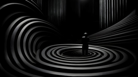 3d rendering of a man standing in a tunnel of black colorの素材