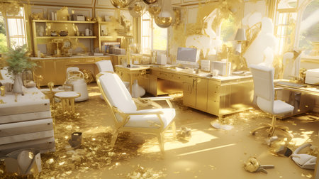 3d rendering of a vintage barber shop interior in gold colorの素材