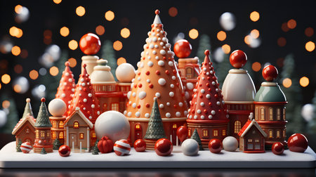 Christmas decoration with gingerbread houses and Christmas balls. 3d renderingの素材