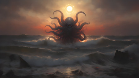Octopus in the sea at sunset. 3d render illustration.の素材