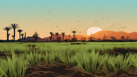 Illustration of a desert landscape with palm trees and mountains in the backgroundの素材