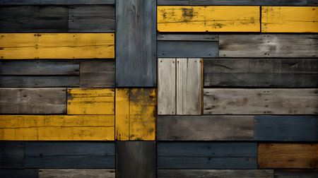 Old wooden wall painted in yellow, gray and black colors. Abstract background.の素材