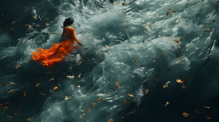 Fantasy image of a woman in orange dress floating in the waterの素材