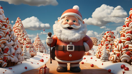 3d render of santa claus with christmas trees backgroundの素材