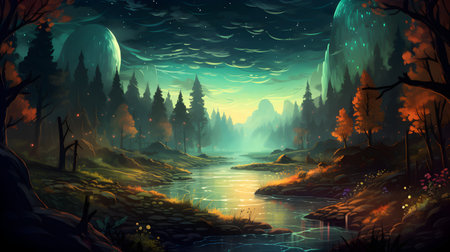 Fantasy landscape with river and forest. Digital painting. Illustration.の素材