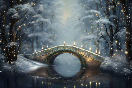Winter landscape with bridge and snowflakes. 3D illustration.の素材