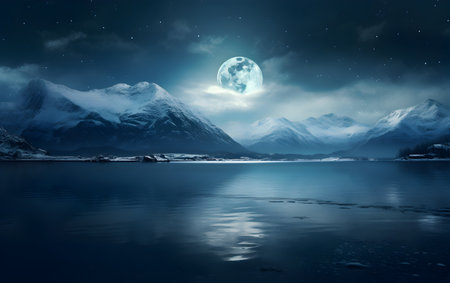 Fantasy landscape with mountains and lake at night in full moon lightの素材