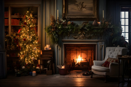 Christmas living room with fireplace and christmas tree. Classic style.の素材