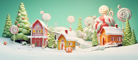 Christmas and New Year background with gingerbread houses, lollipops and candy canesの素材