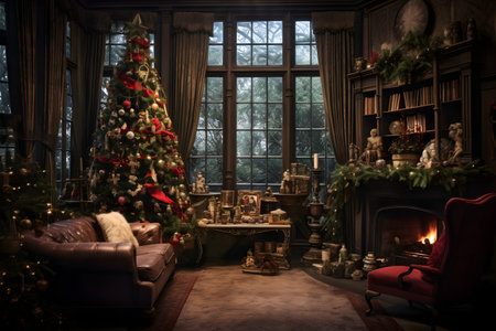 Christmas living room interior with Christmas tree and fireplace. Holiday concept.の素材