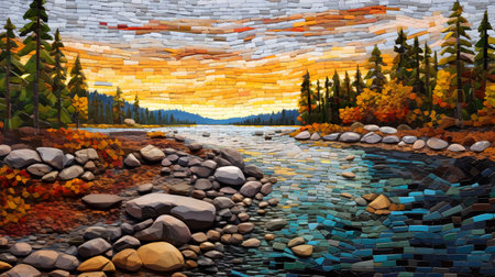 3d render of abstract landscape with river, forest and colorful autumn treesの素材