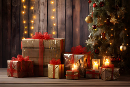 Gift boxes and burning candles on wooden background with christmas treeの素材