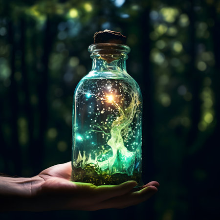 Hand holding a magic bottle with fire inside and forest in the backgroundの素材