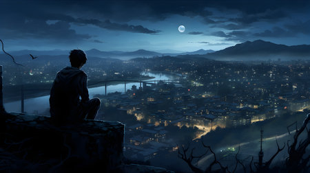 Silhouette of man sitting on top of mountain and looking at night cityの素材