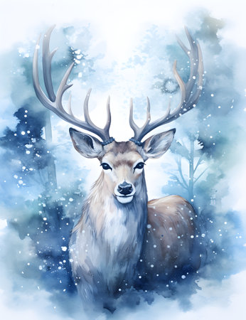 Watercolor illustration of a deer in winter forest. Digital painting.の素材