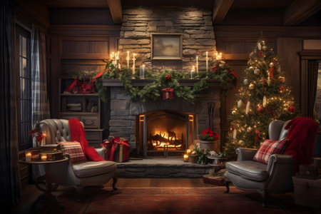 Christmas living room interior with fireplace and Christmas tree. 3d renderの素材