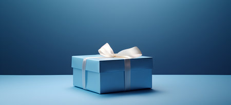 Blue gift box with white bow on blue background. 3D renderingの素材