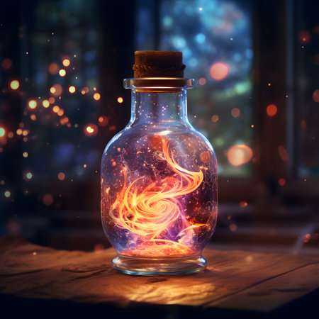 Fiery fire inside a magic bottle on a wooden table in a dark roomの素材