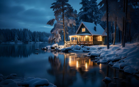 Wooden house on the shore of the lake at night. Winter landscape.の素材