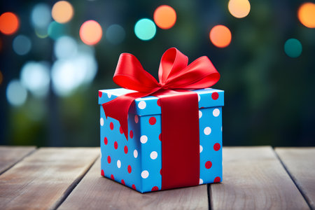 Gift box with red bow on wooden table against defocused lightsの素材