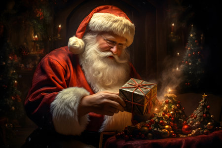 Santa Claus opening a gift box. Christmas and New Year concept.の素材