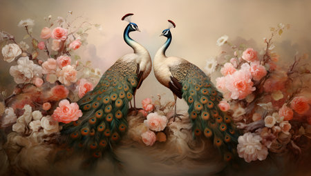 Peacock couple in love with flowers. Vintage painting style.の素材