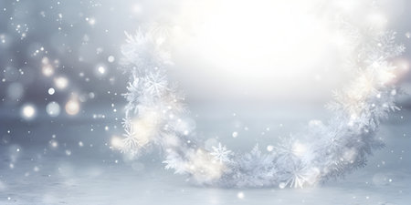 Christmas background with a wreath of snowflakes on a gray backgroundの素材