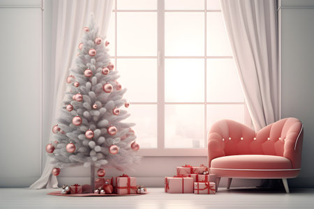 Christmas tree with red armchair and gifts in white interior. 3d renderの素材