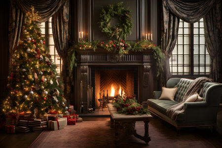 Christmas living room interior with fireplace and Christmas tree. 3d renderingの素材