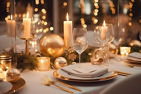 Wedding table setting with gold plates, candles and Christmas decorationsの素材