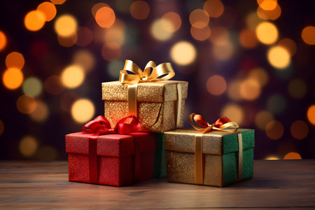 Gift boxes on bokeh background. Christmas and New Year conceptの素材