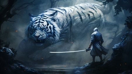 Tiger with a sword in the dark forest. Fantasy illustration.の素材