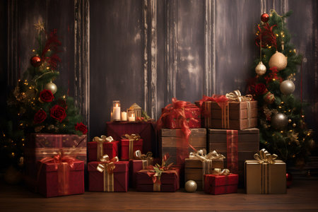 Christmas tree and presents in front of dark wooden wall with copy spaceの素材