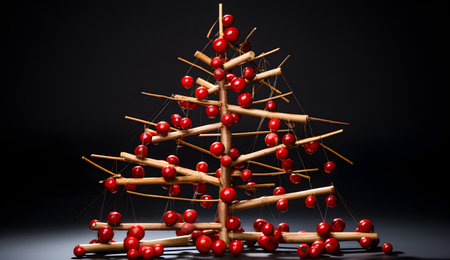 Christmas tree made of wooden sticks with red berries on a black backgroundの素材