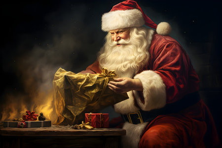 Santa Claus opening a gift box. Christmas and New Year concept.の素材