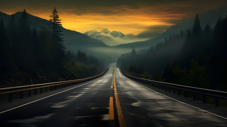 Road in the mountains at sunset with fog in the valley. 3d renderingの素材