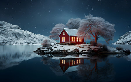 Fantasy winter landscape with red house in the lake. 3D renderingの素材
