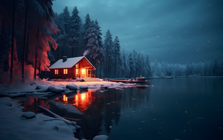 Foggy winter landscape with wooden house on the lake at nightの素材