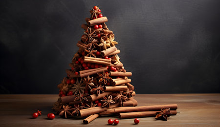 Christmas tree made of cinnamon sticks, anise and cranberries on wooden tableの素材