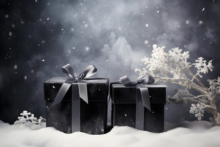 Black gift boxes with silver ribbons and snowflakes on dark backgroundの素材