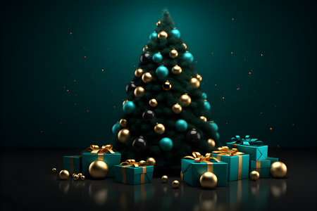 3d render of christmas tree with gift boxes on dark backgroundの素材