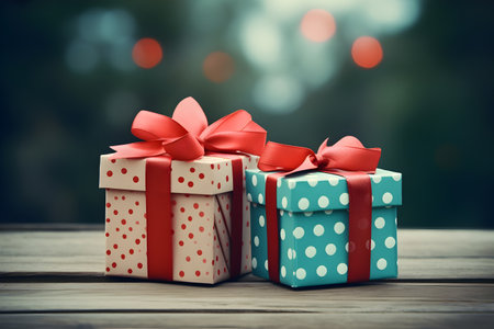 Gift boxes on wooden table in front of bokeh backgroundの素材