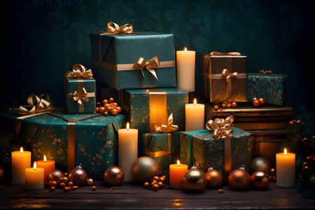 Gift boxes and candles on a wooden table. Christmas background.の素材