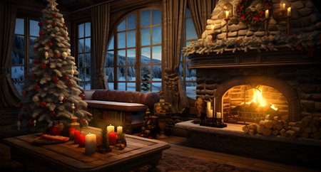 Rendering of a living room with a fireplace and Christmas tree.の素材
