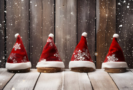 Santa hats on wooden background. Christmas and New Year holidays background.の素材